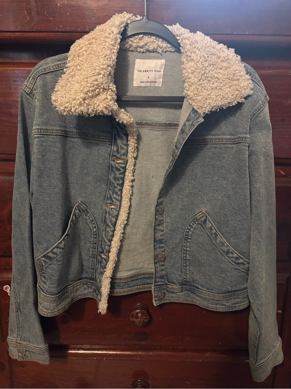 Celebrity Pink Light Blue Denim Jacket with Cream Sherpa Collar - Picture 1 of 1